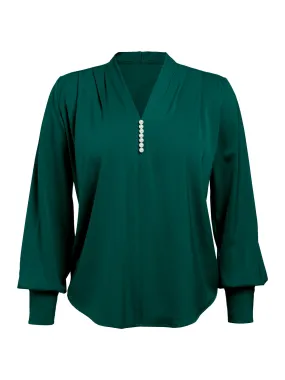 1930s Retro Solid V-neck Puff Sleeve Blouse