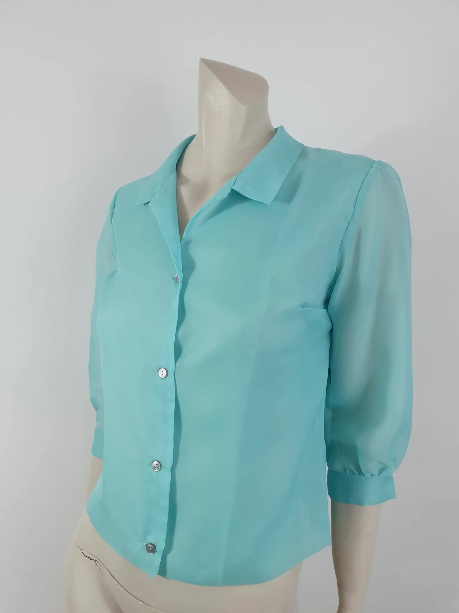 1960s Aqua Blouse With Three-Quarter Sleeves by Contessa - S
