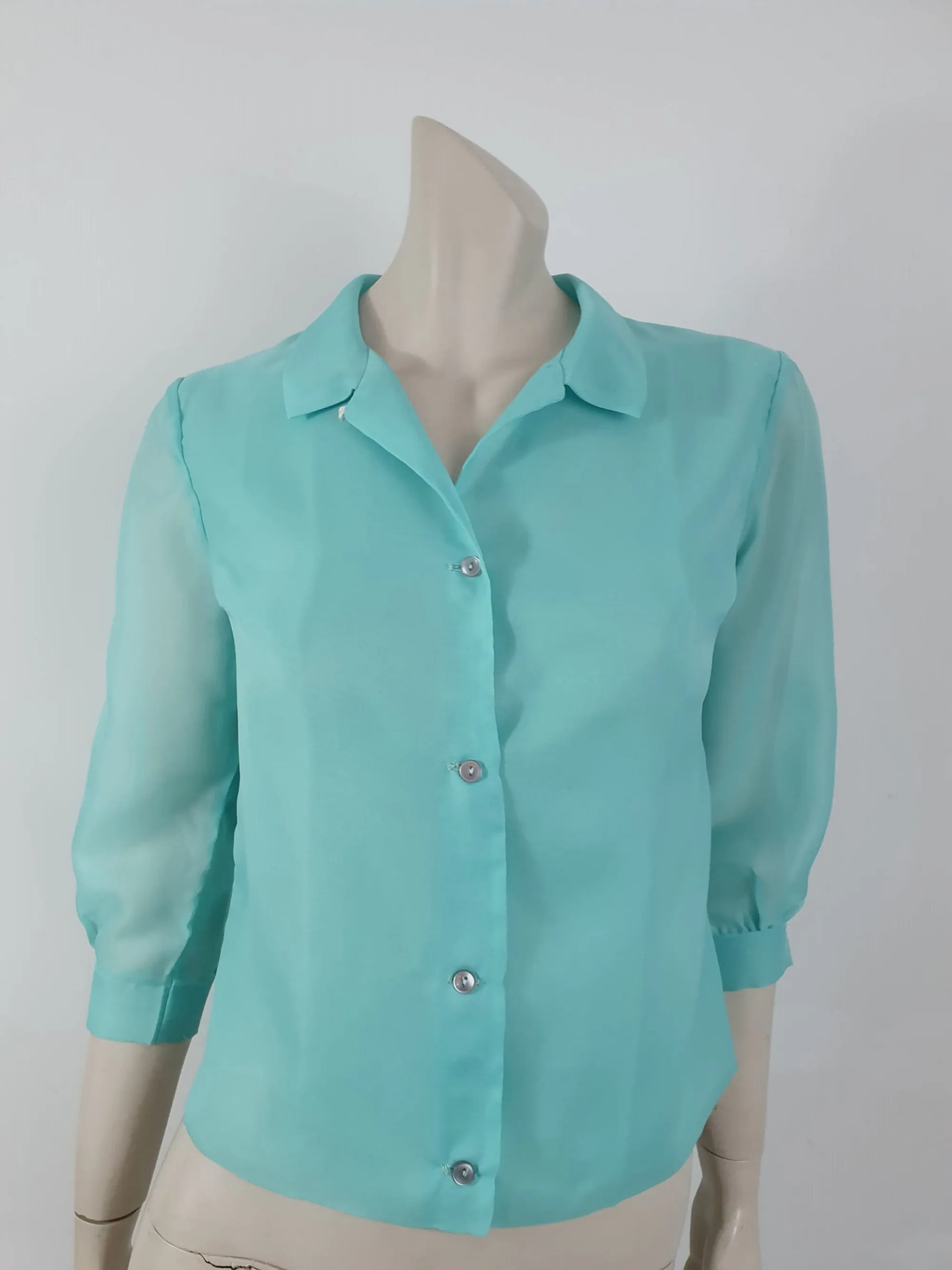 1960s Aqua Blouse With Three-Quarter Sleeves by Contessa - S