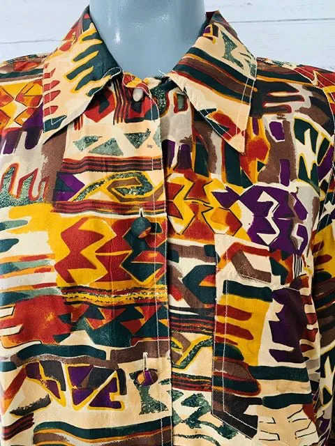 90s - Multicolor Long Sleeve Silk Blouse