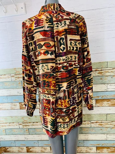 90s - Multicolor Long Sleeve Silk Blouse