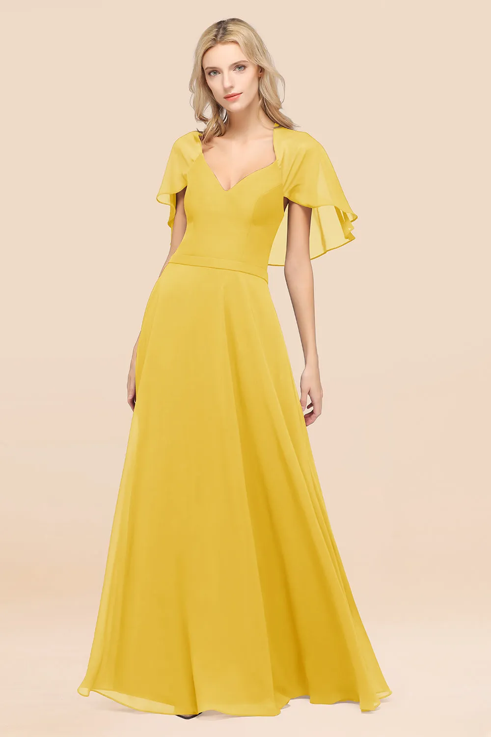 A-Line Chiffon Satin V-Neck Long Bridesmaid Dress with Short Sleeves