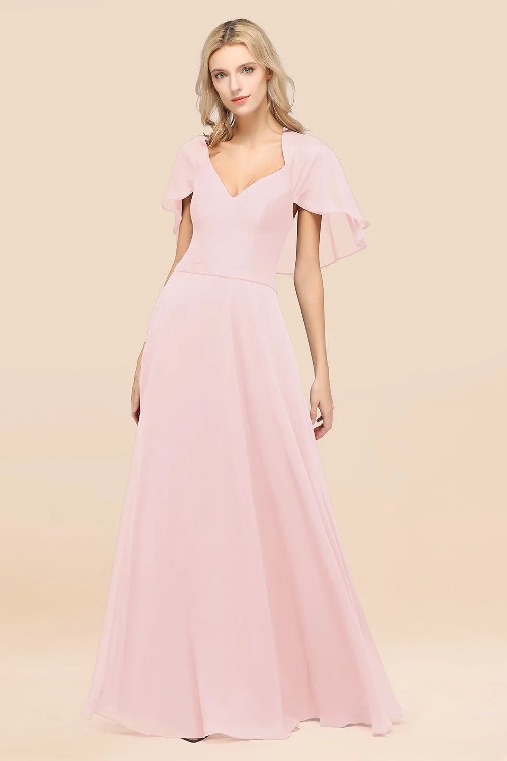 A-Line Chiffon Satin V-Neck Long Bridesmaid Dress with Short Sleeves