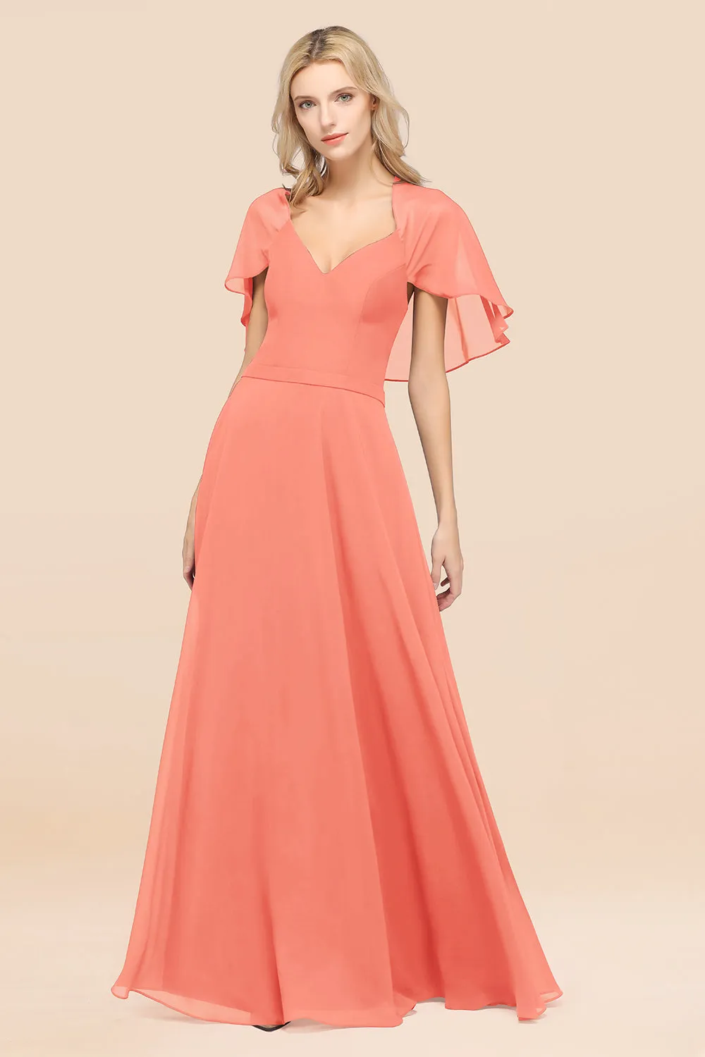 A-Line Chiffon Satin V-Neck Long Bridesmaid Dress with Short Sleeves