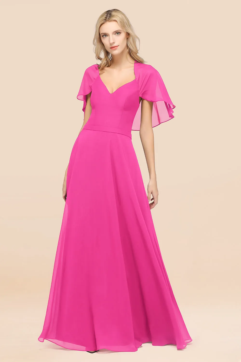 A-Line Chiffon Satin V-Neck Long Bridesmaid Dress with Short Sleeves