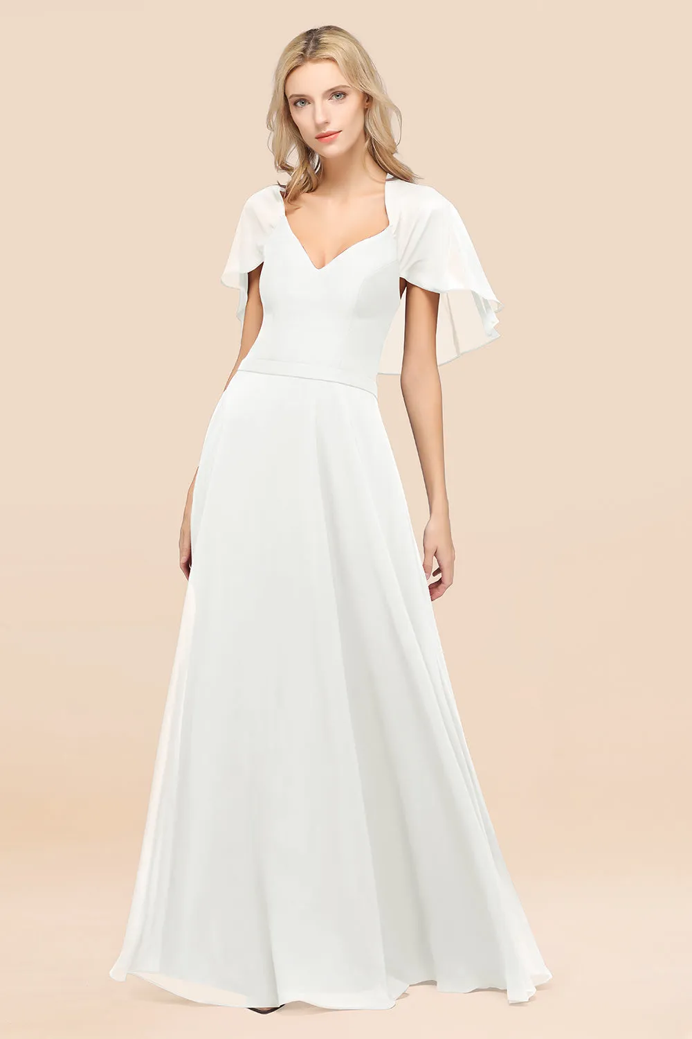 A-Line Chiffon Satin V-Neck Long Bridesmaid Dress with Short Sleeves