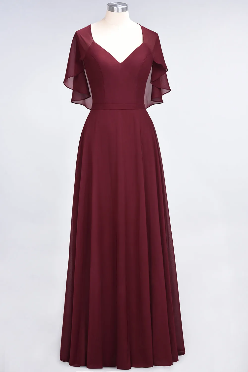 A-Line Chiffon Satin V-Neck Long Bridesmaid Dress with Short Sleeves