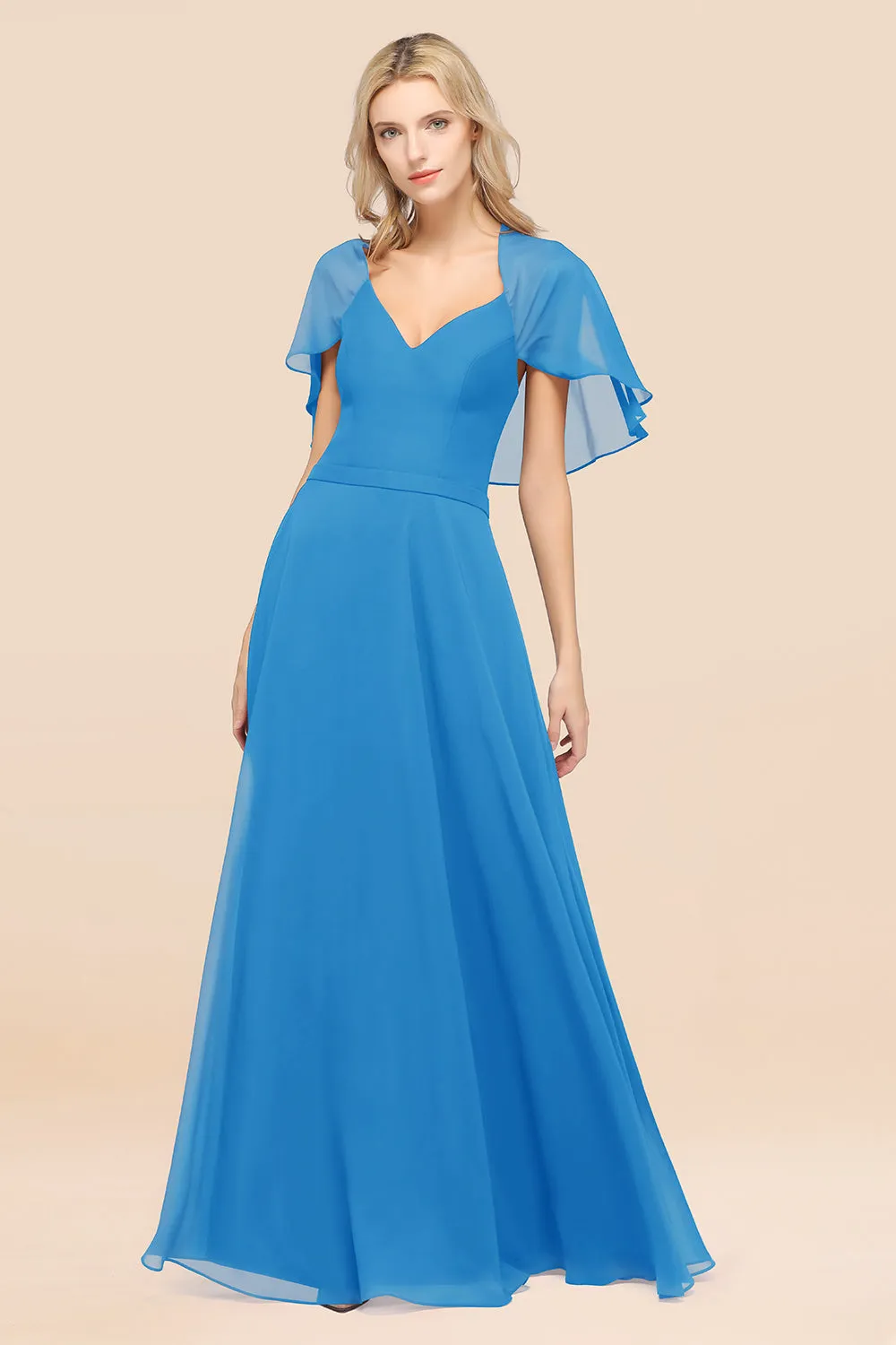 A-Line Chiffon Satin V-Neck Long Bridesmaid Dress with Short Sleeves
