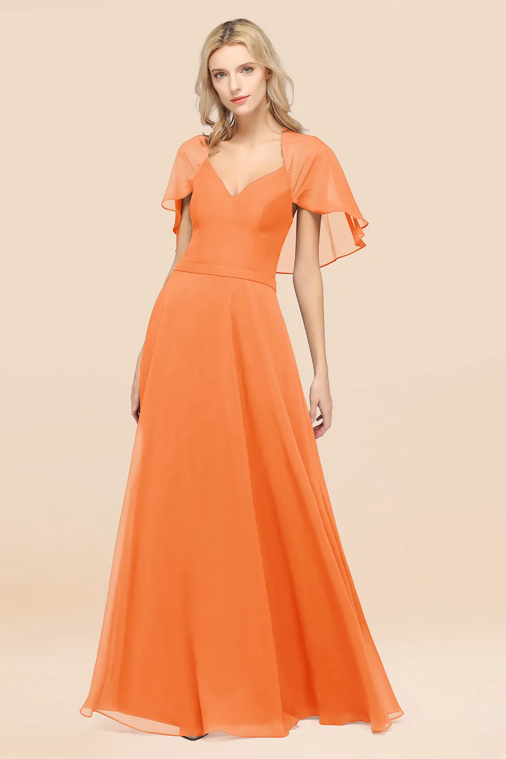 A-Line Chiffon Satin V-Neck Long Bridesmaid Dress with Short Sleeves