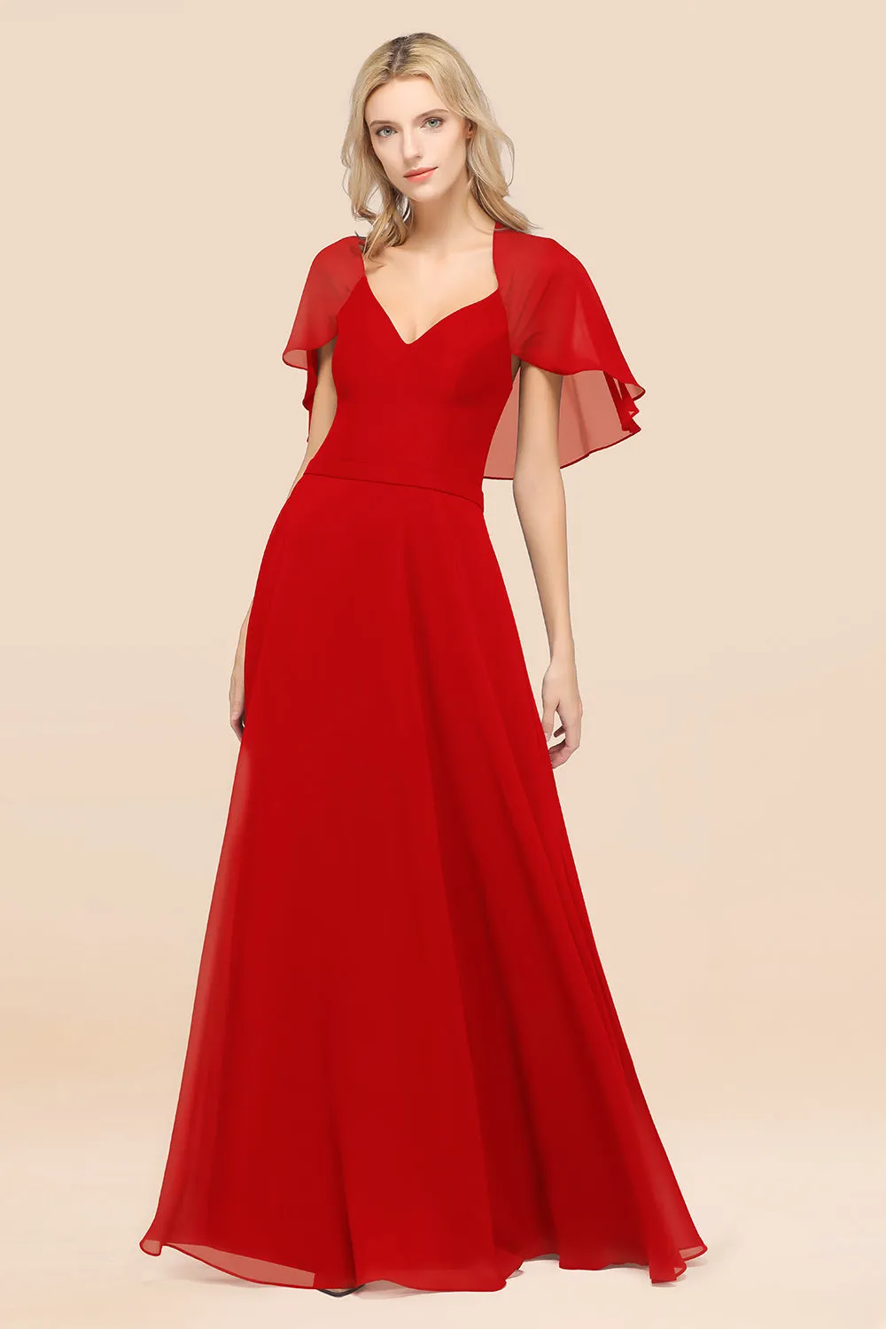 A-Line Chiffon Satin V-Neck Long Bridesmaid Dress with Short Sleeves