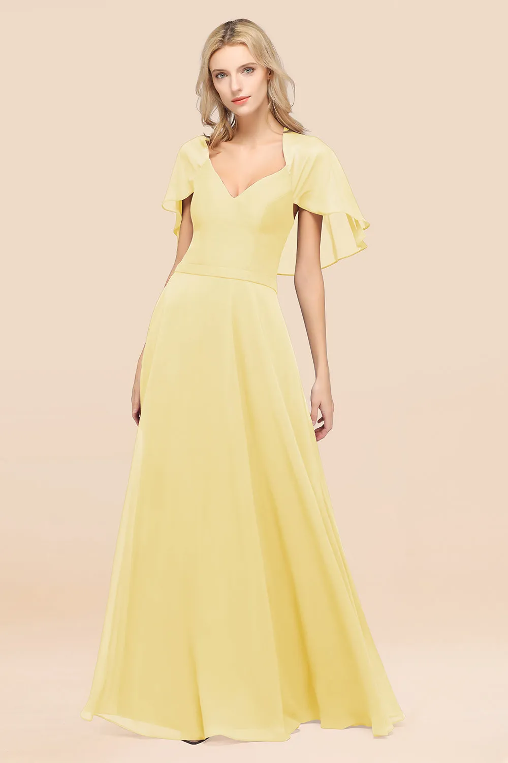 A-Line Chiffon Satin V-Neck Long Bridesmaid Dress with Short Sleeves