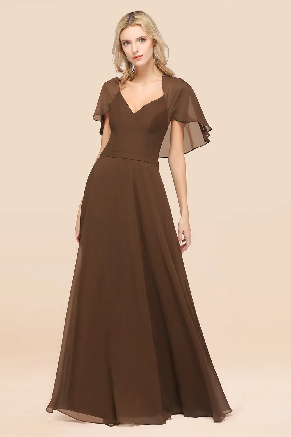 A-Line Chiffon Satin V-Neck Long Bridesmaid Dress with Short Sleeves