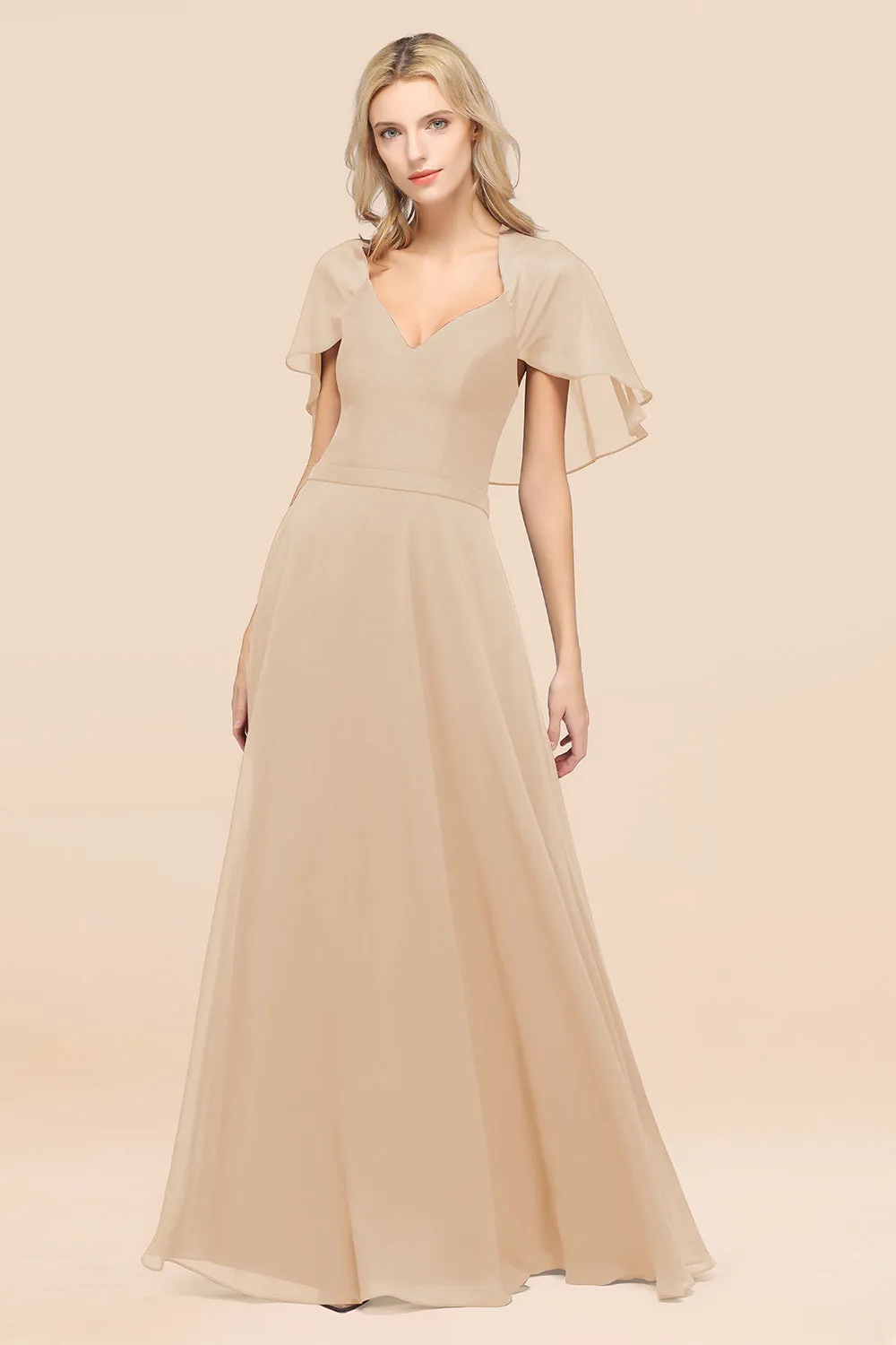 A-Line Chiffon Satin V-Neck Long Bridesmaid Dress with Short Sleeves