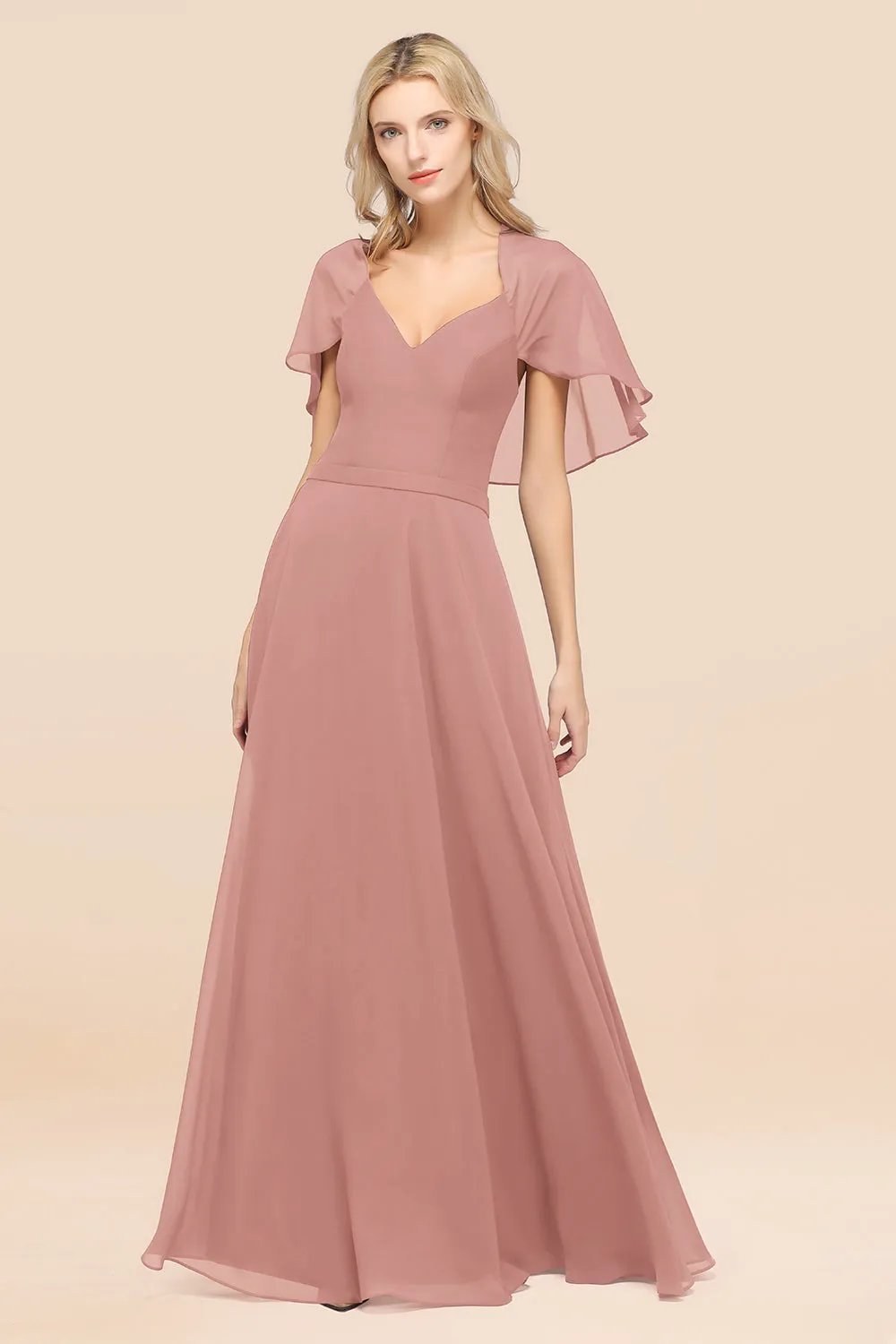 A-Line Chiffon Satin V-Neck Long Bridesmaid Dress with Short Sleeves