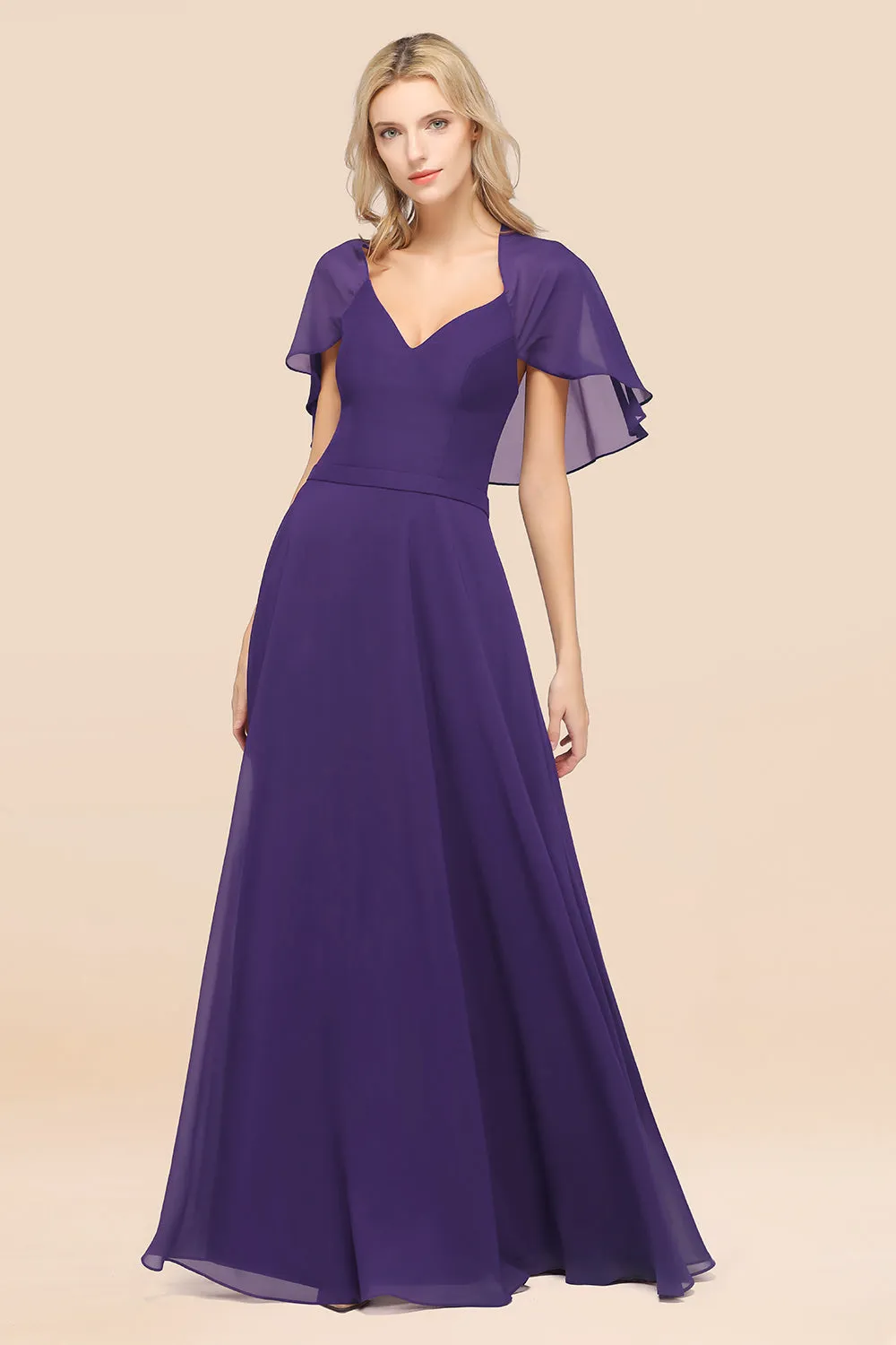 A-Line Chiffon Satin V-Neck Long Bridesmaid Dress with Short Sleeves