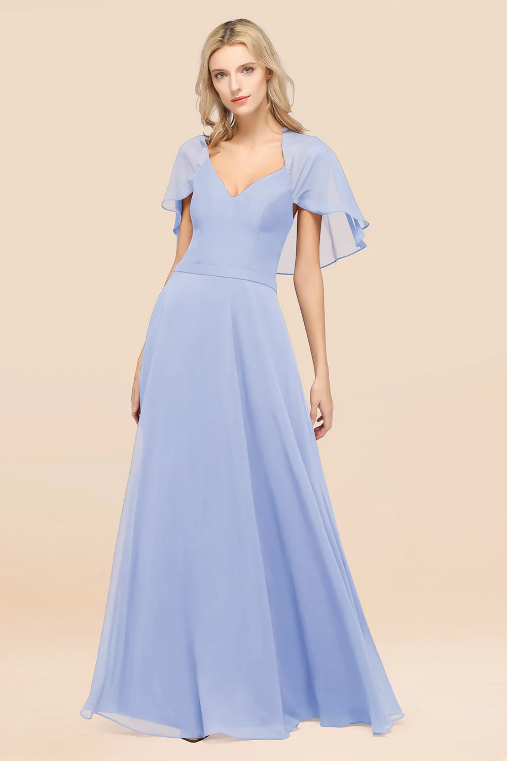 A-Line Chiffon Satin V-Neck Long Bridesmaid Dress with Short Sleeves