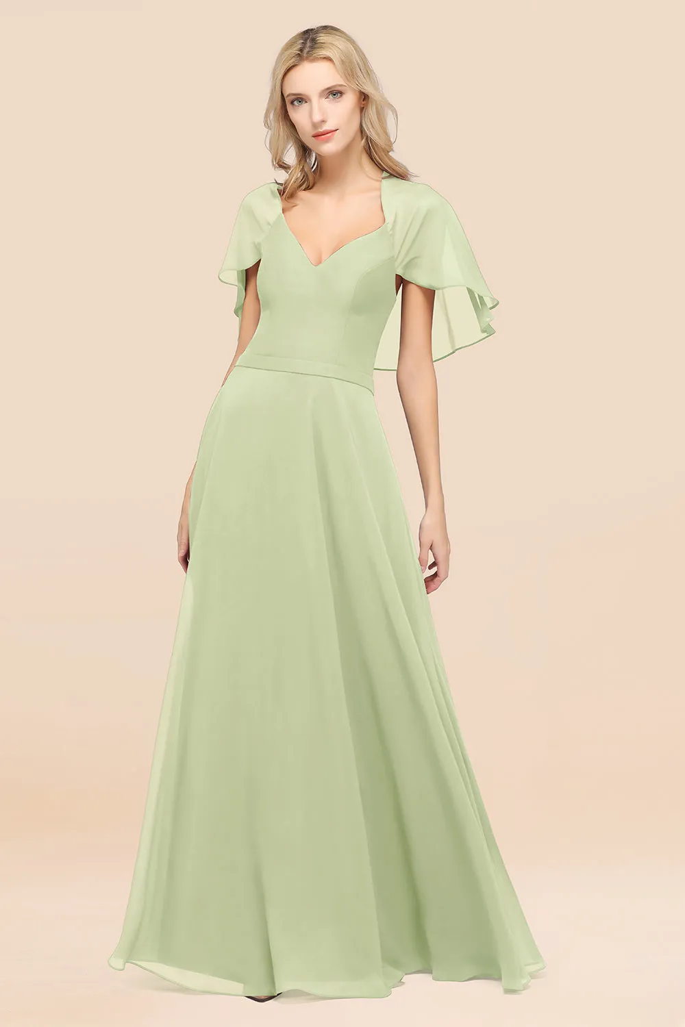A-Line Chiffon Satin V-Neck Long Bridesmaid Dress with Short Sleeves