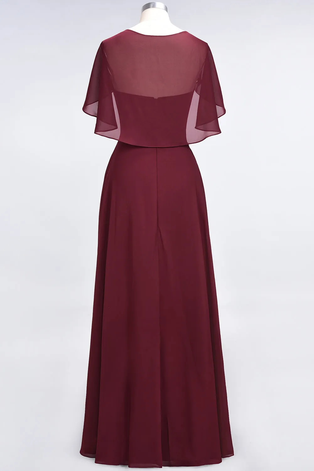 A-Line Chiffon Satin V-Neck Long Bridesmaid Dress with Short Sleeves