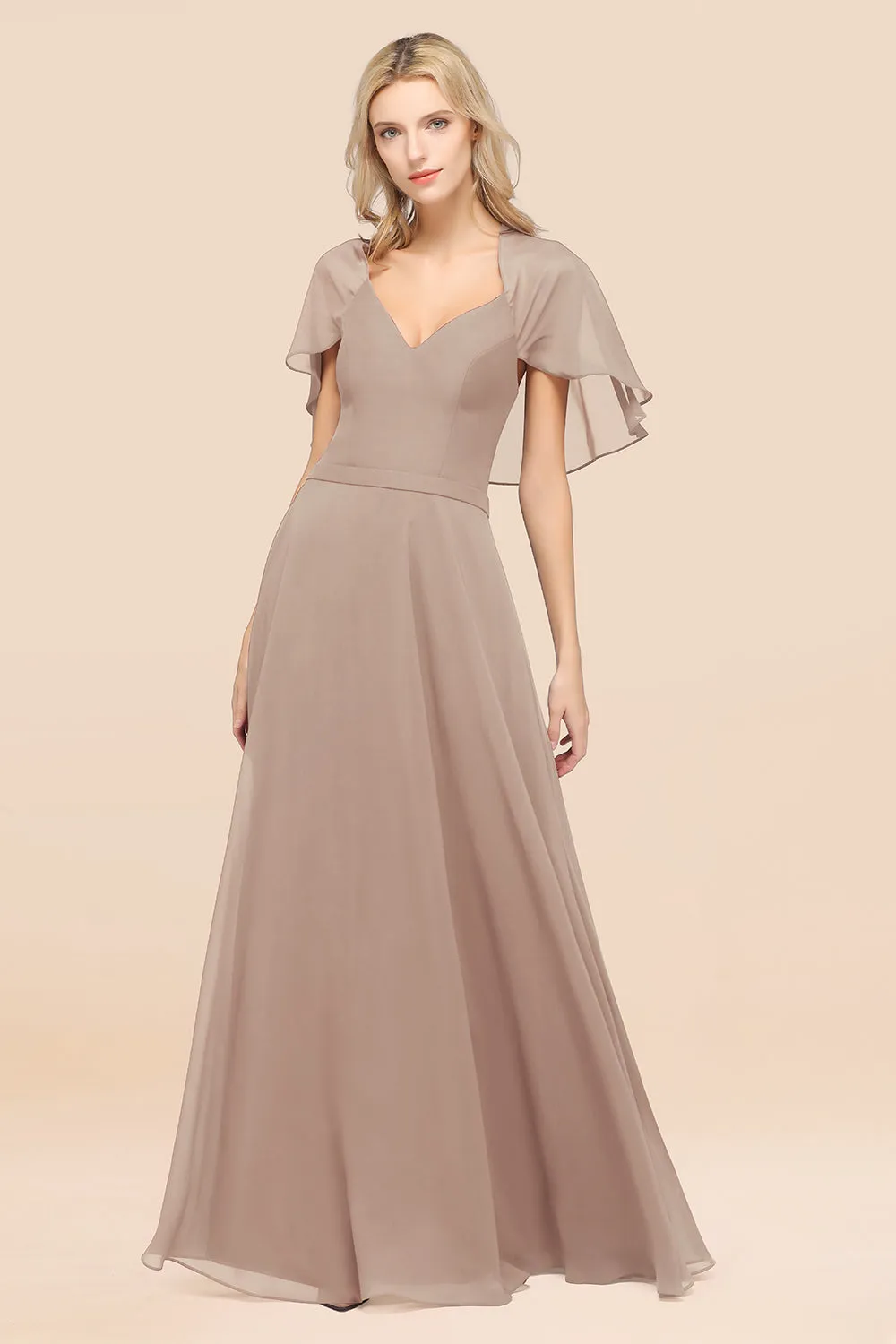 A-Line Chiffon Satin V-Neck Long Bridesmaid Dress with Short Sleeves