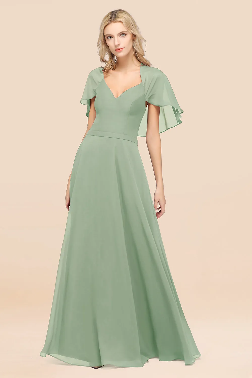 A-Line Chiffon Satin V-Neck Long Bridesmaid Dress with Short Sleeves