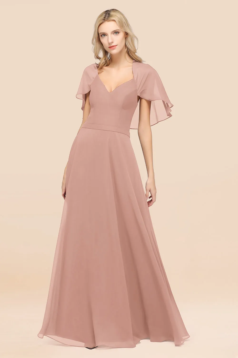 A-Line Chiffon Satin V-Neck Long Bridesmaid Dress with Short Sleeves