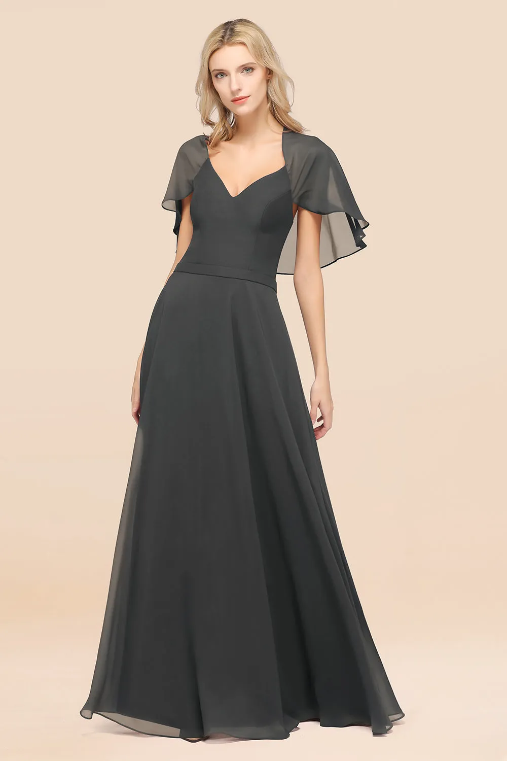 A-Line Chiffon Satin V-Neck Long Bridesmaid Dress with Short Sleeves