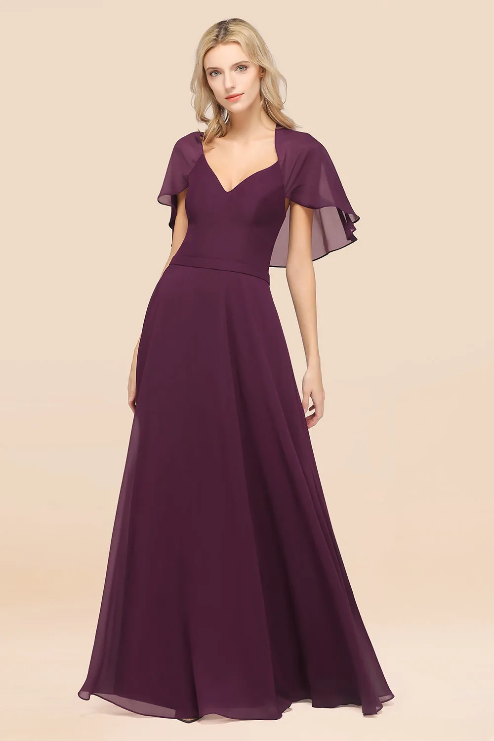 A-Line Chiffon Satin V-Neck Long Bridesmaid Dress with Short Sleeves