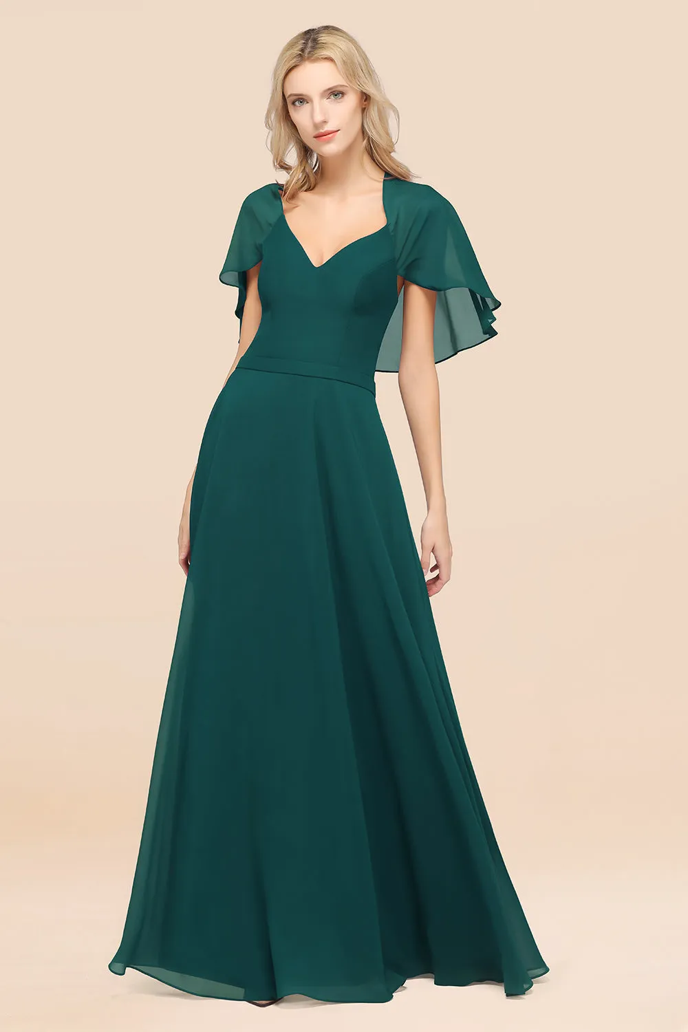 A-Line Chiffon Satin V-Neck Long Bridesmaid Dress with Short Sleeves