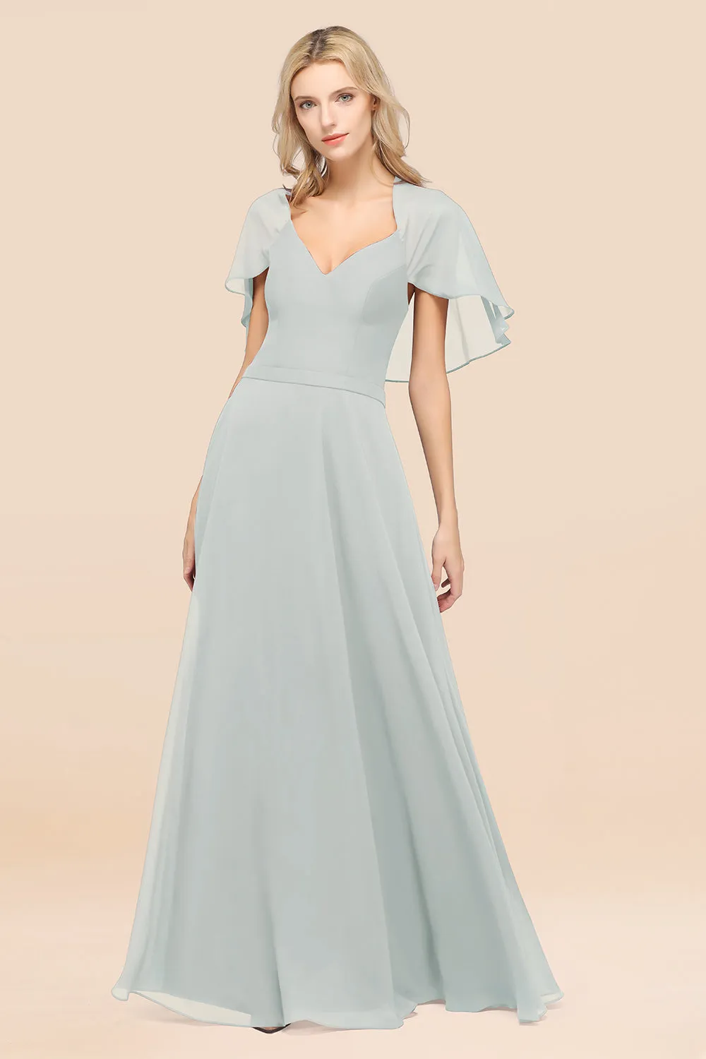 A-Line Chiffon Satin V-Neck Long Bridesmaid Dress with Short Sleeves
