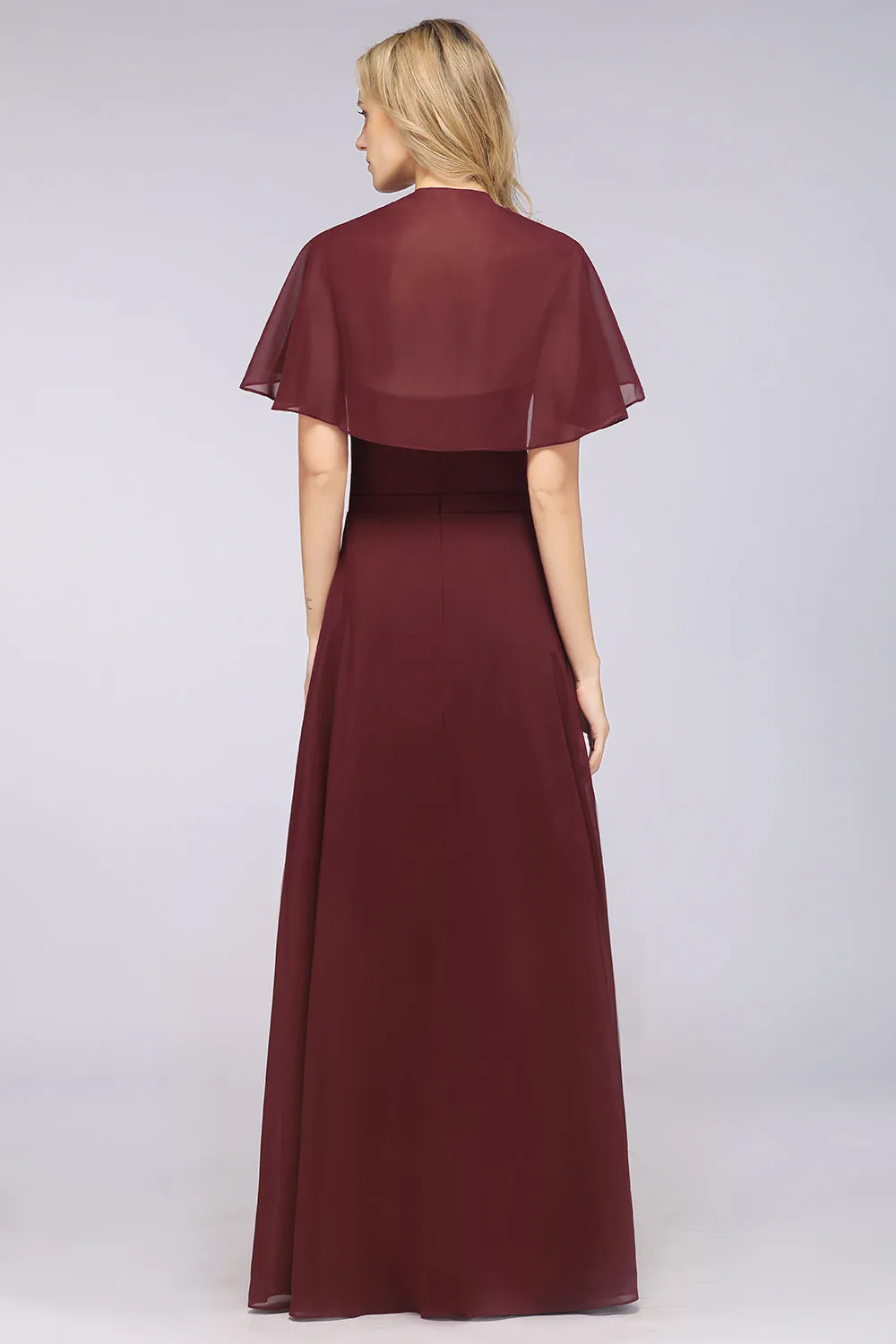 A-Line Chiffon Satin V-Neck Long Bridesmaid Dress with Short Sleeves
