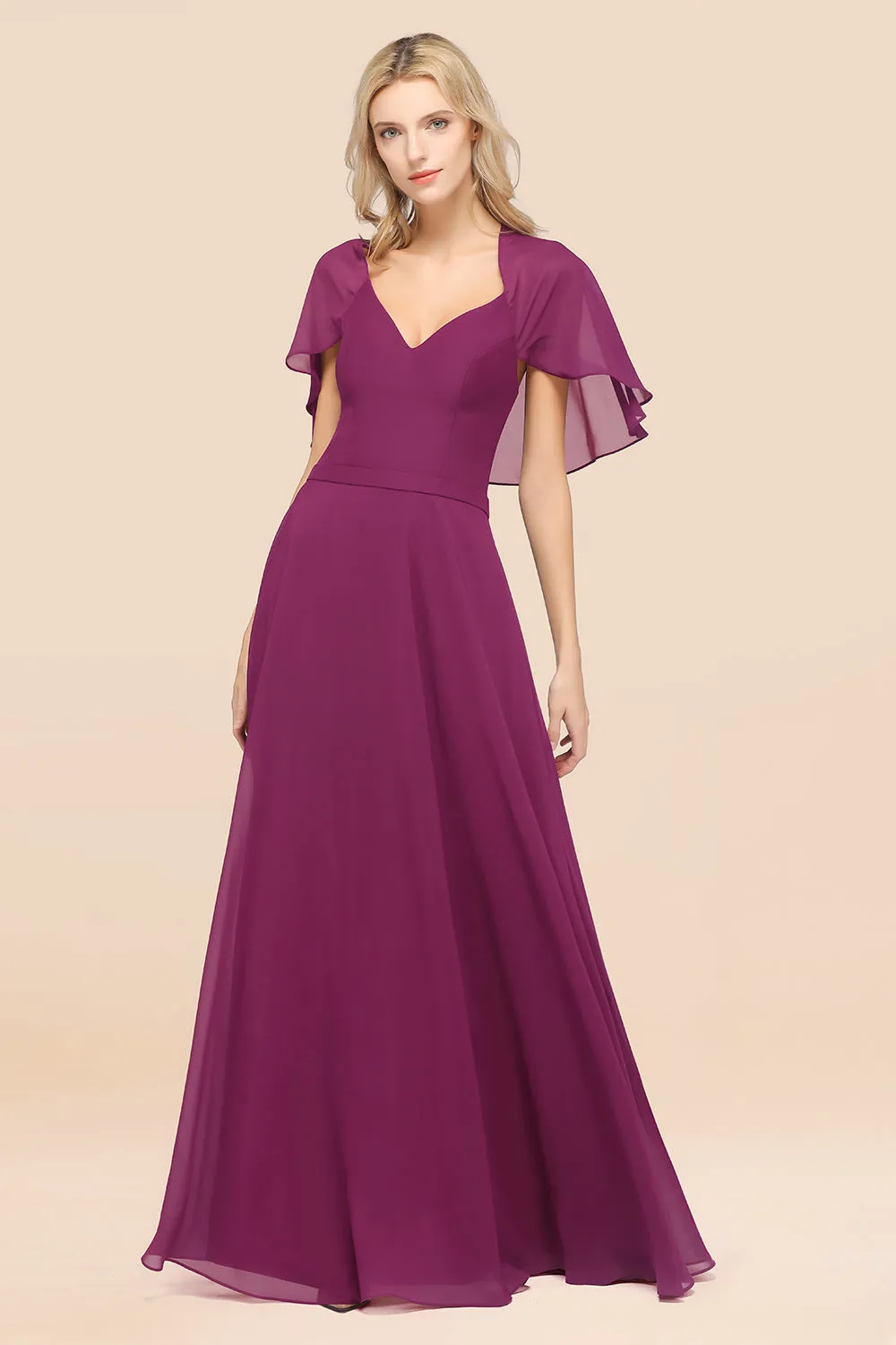 A-Line Chiffon Satin V-Neck Long Bridesmaid Dress with Short Sleeves