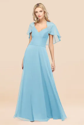A-Line Chiffon Satin V-Neck Long Bridesmaid Dress with Short Sleeves