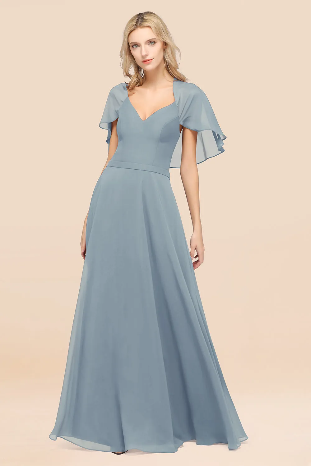 A-Line Chiffon Satin V-Neck Long Bridesmaid Dress with Short Sleeves