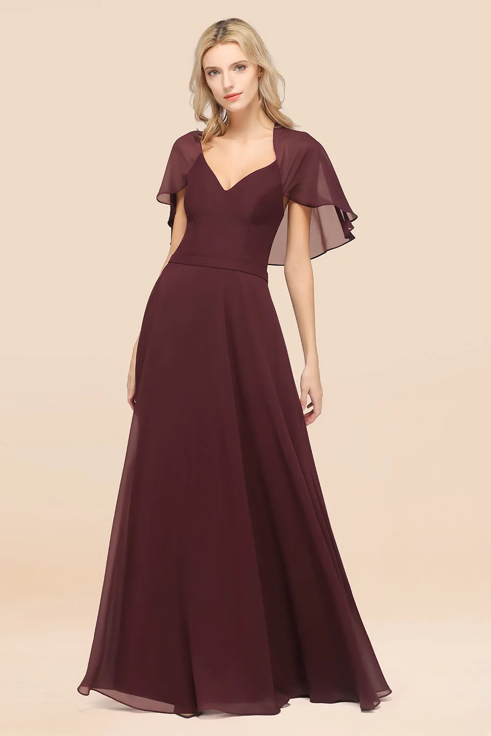 A-Line Chiffon Satin V-Neck Long Bridesmaid Dress with Short Sleeves