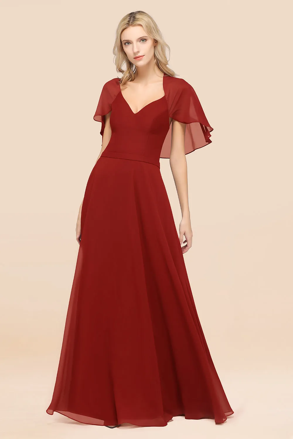 A-Line Chiffon Satin V-Neck Long Bridesmaid Dress with Short Sleeves