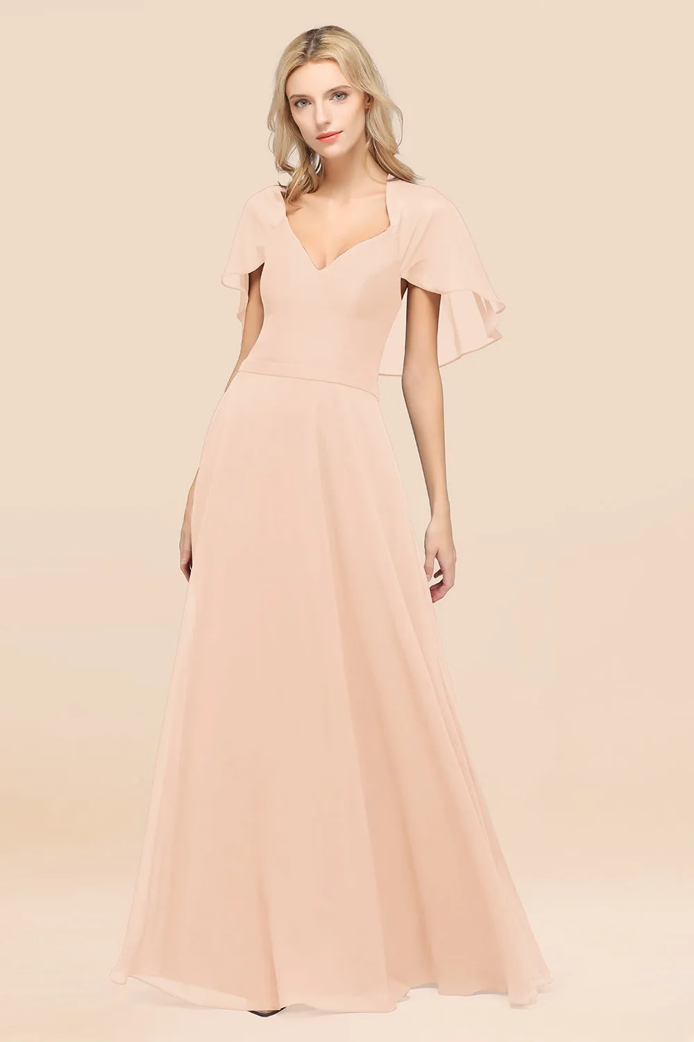 A-Line Chiffon Satin V-Neck Long Bridesmaid Dress with Short Sleeves