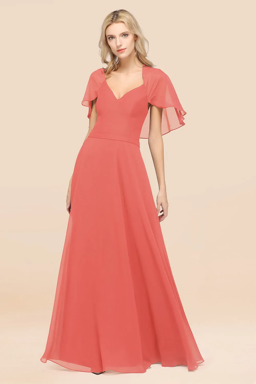 A-Line Chiffon Satin V-Neck Long Bridesmaid Dress with Short Sleeves