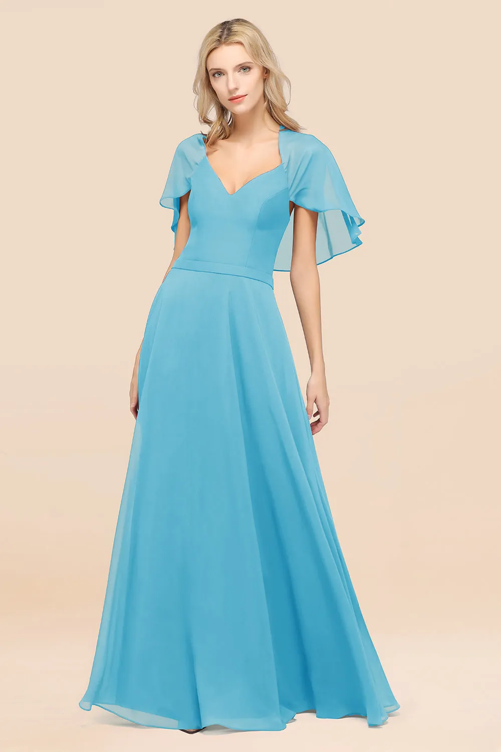 A-Line Chiffon Satin V-Neck Long Bridesmaid Dress with Short Sleeves