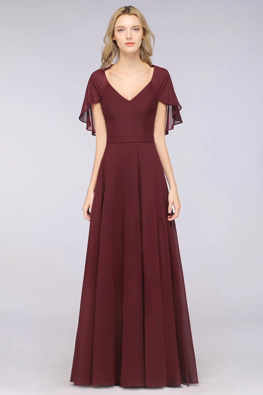 A-Line Chiffon Satin V-Neck Long Bridesmaid Dress with Short Sleeves