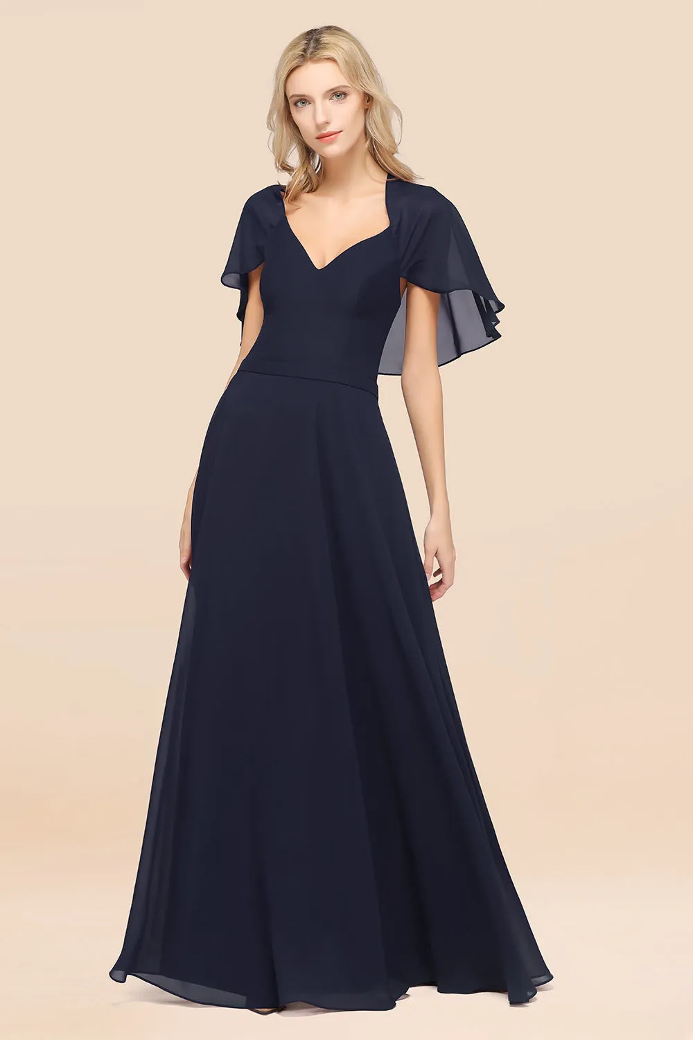 A-Line Chiffon Satin V-Neck Long Bridesmaid Dress with Short Sleeves