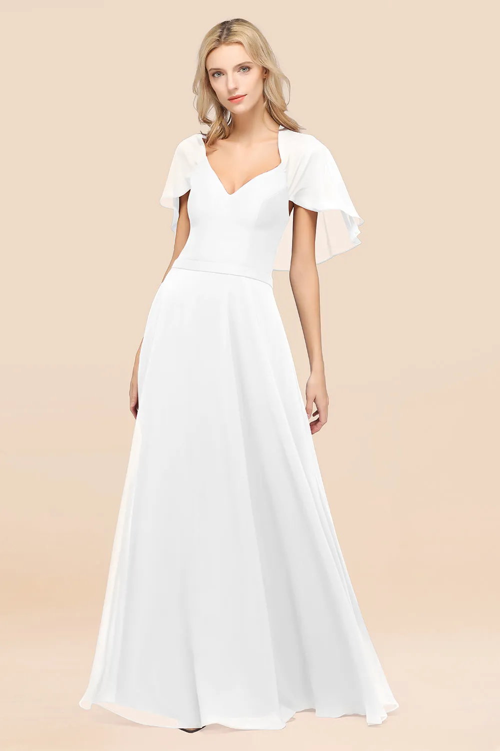 A-Line Chiffon Satin V-Neck Long Bridesmaid Dress with Short Sleeves