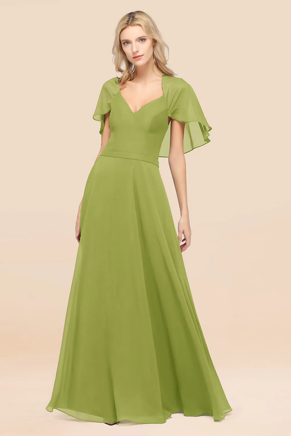 A-Line Chiffon Satin V-Neck Long Bridesmaid Dress with Short Sleeves