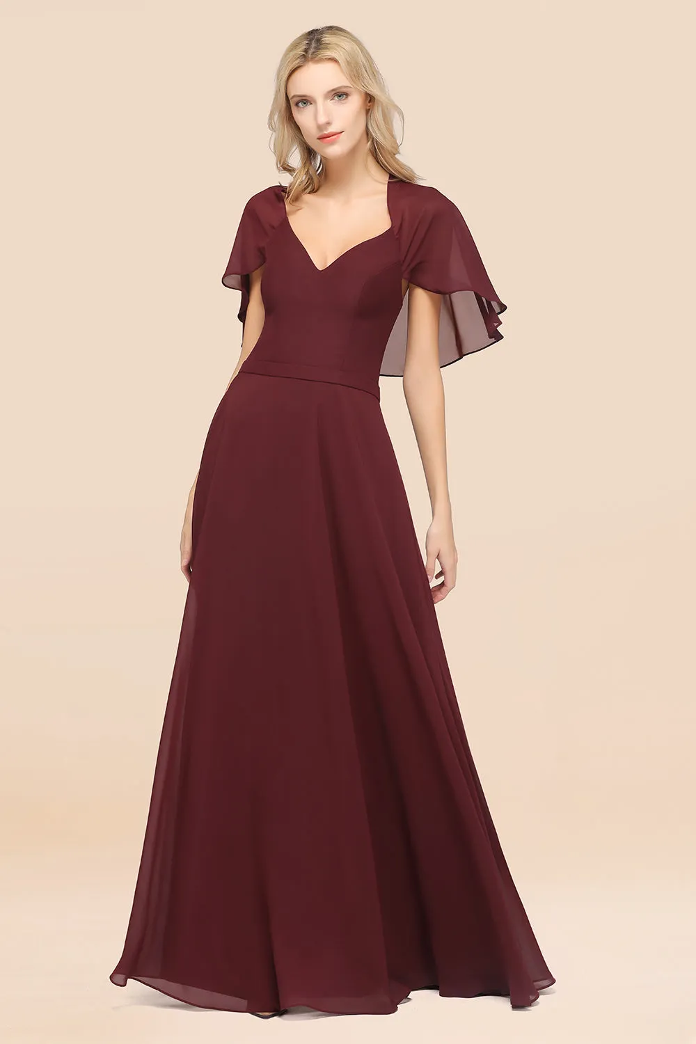 A-Line Chiffon Satin V-Neck Long Bridesmaid Dress with Short Sleeves