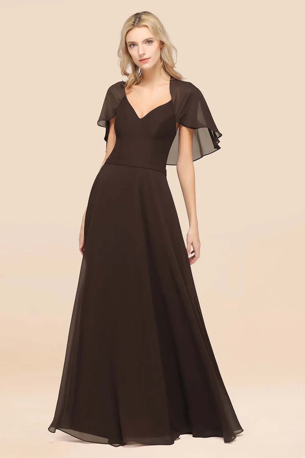 A-Line Chiffon Satin V-Neck Long Bridesmaid Dress with Short Sleeves