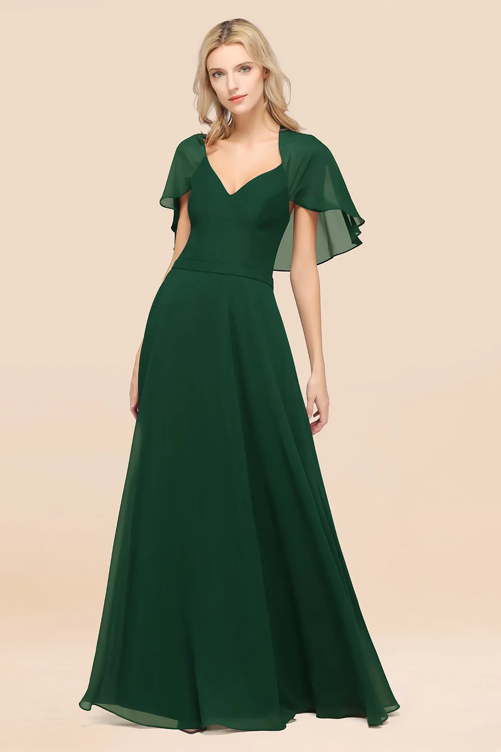 A-Line Chiffon Satin V-Neck Long Bridesmaid Dress with Short Sleeves