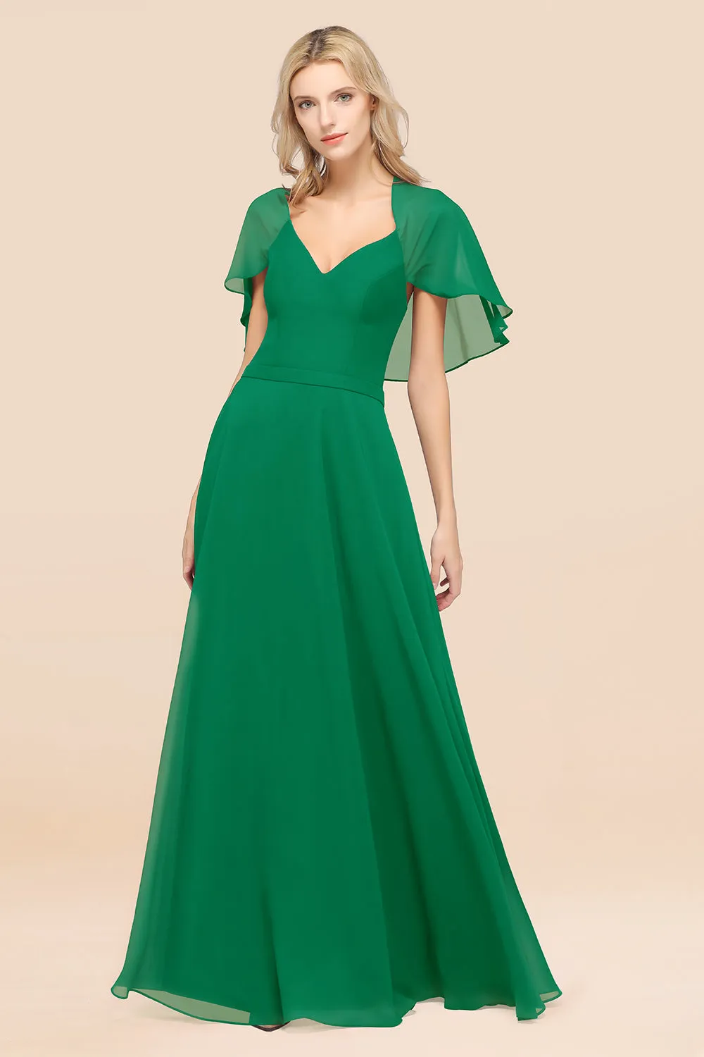 A-Line Chiffon Satin V-Neck Long Bridesmaid Dress with Short Sleeves