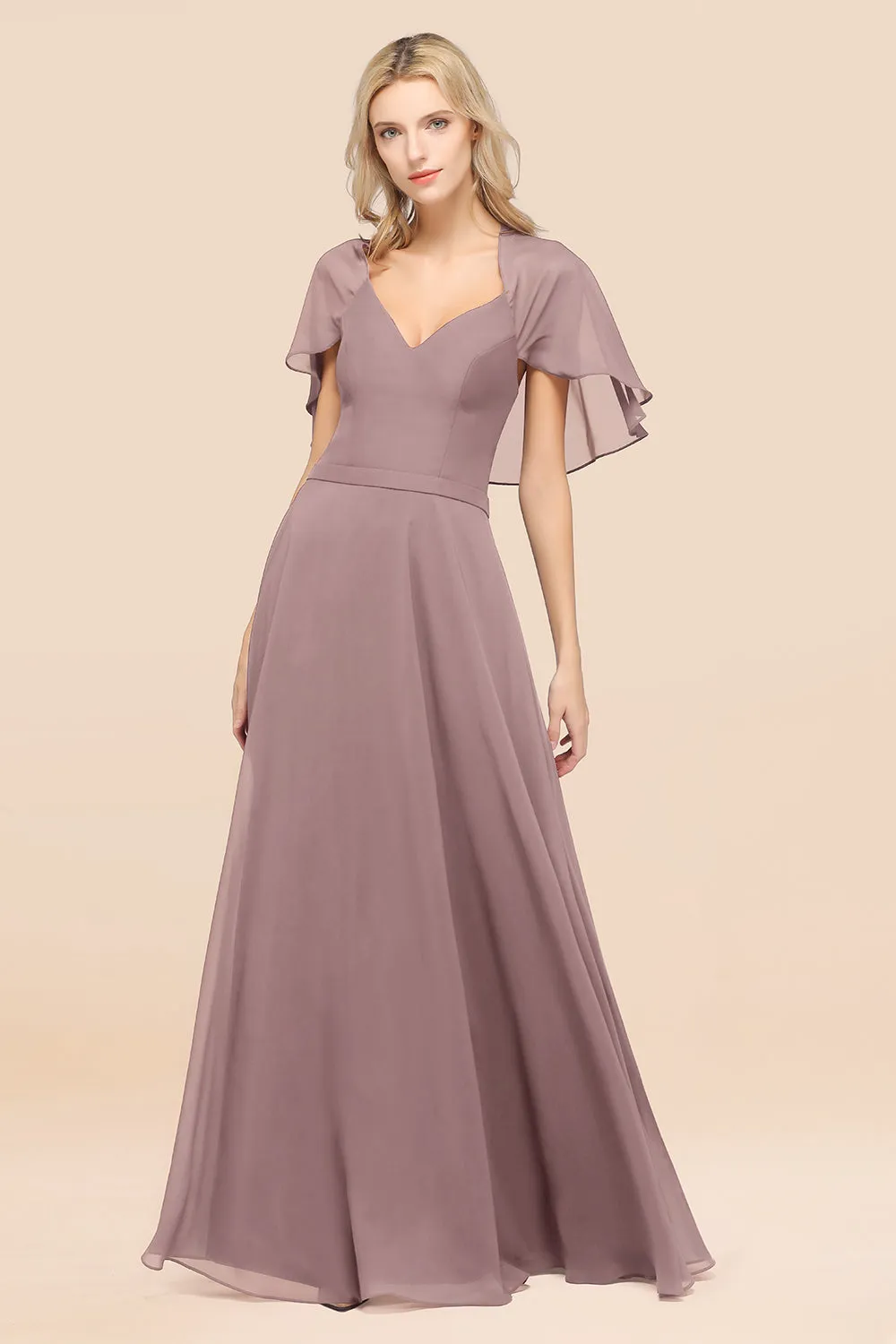 A-Line Chiffon Satin V-Neck Long Bridesmaid Dress with Short Sleeves