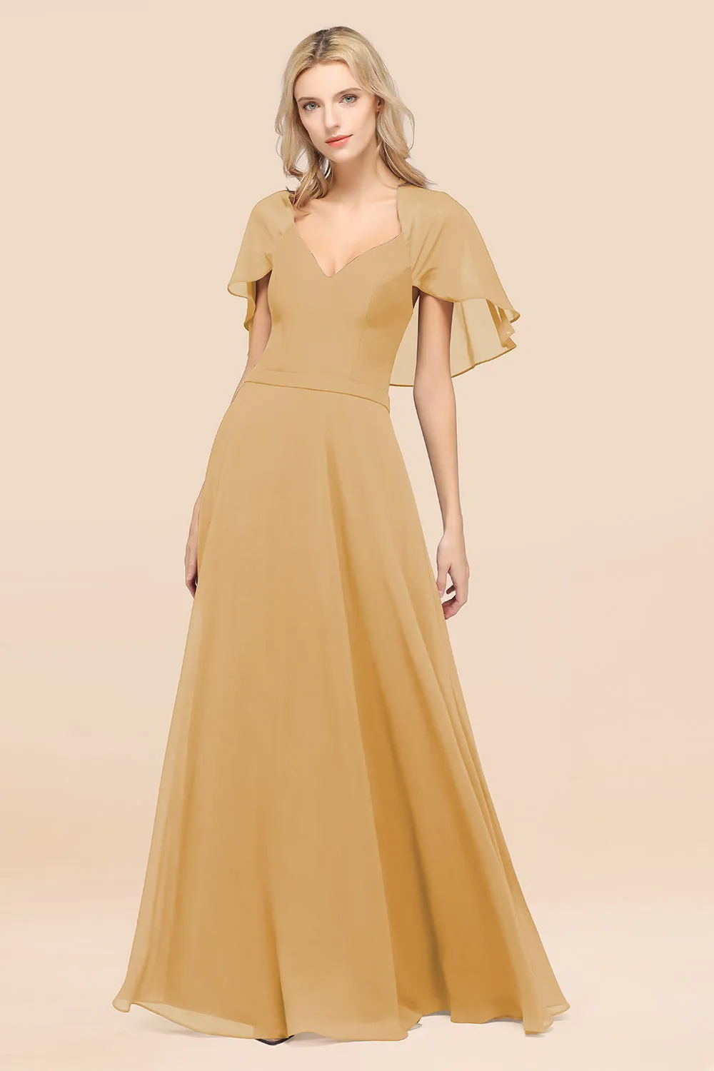 A-Line Chiffon Satin V-Neck Long Bridesmaid Dress with Short Sleeves