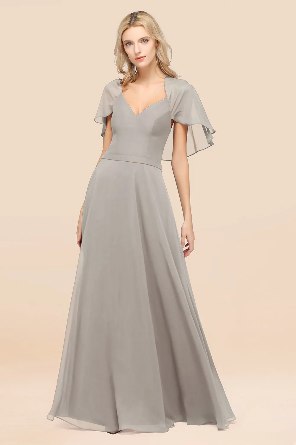 A-Line Chiffon Satin V-Neck Long Bridesmaid Dress with Short Sleeves