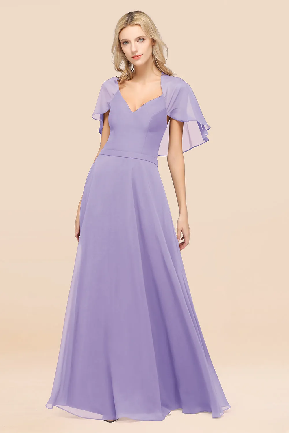 A-Line Chiffon Satin V-Neck Long Bridesmaid Dress with Short Sleeves